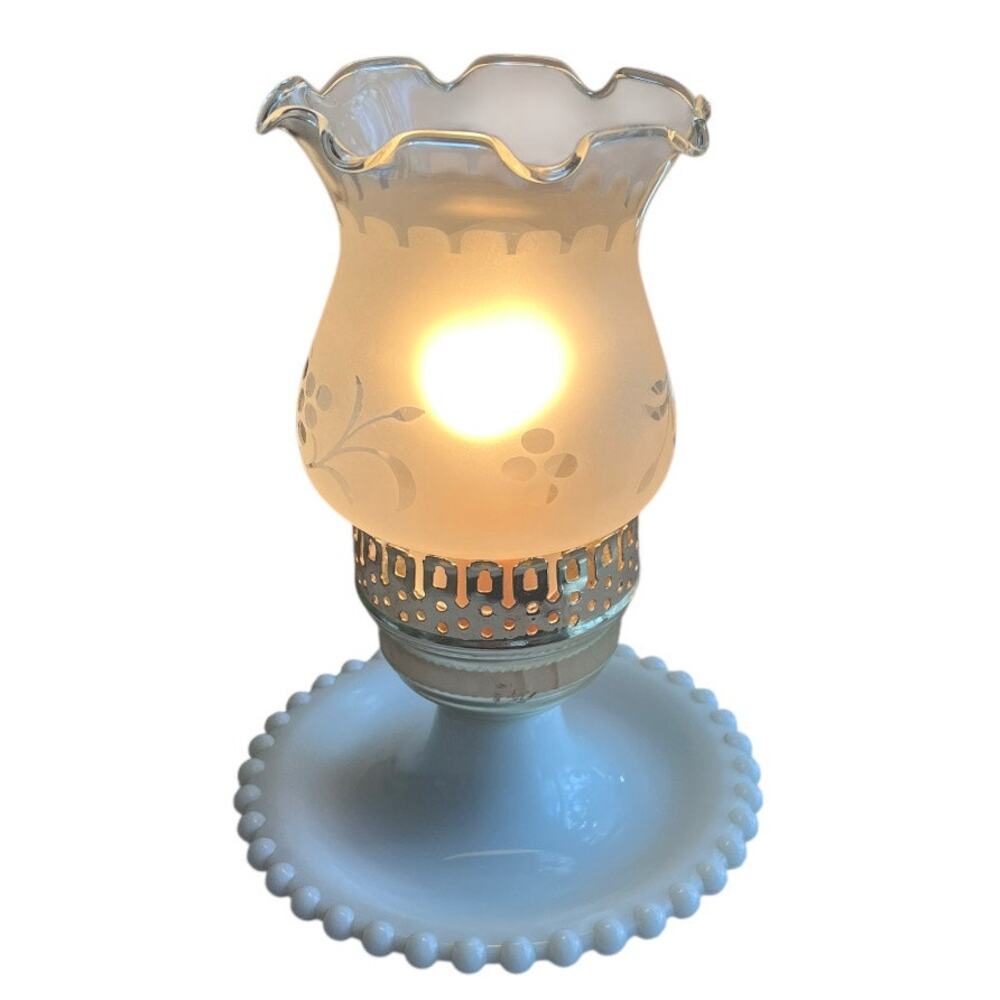 VTGE Fenton Electric Hurricane Lamp Milk Glass Etched Mid Century White Hobnail